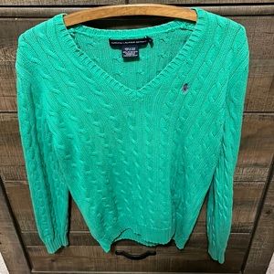 Ralph Lauren green cable knit v neck sweater sz Large